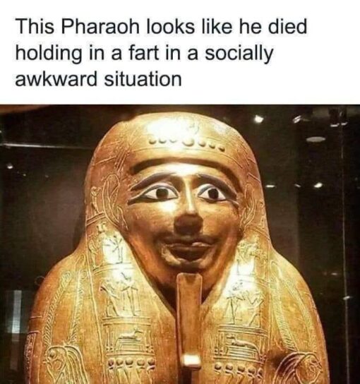 Archeological Memes, Awkward Memes, Death Memes, Embarrassing Memes, Fart Memes, Funniest Memes, Funny Looking People Memes, Gross Memes, History Memes, Social Memes, Stink Memes, The meme shows a close-up of a golden ancient Egyptian-style funerary figure or sarcophagus face displayed behind glass, with bright museum lighting reflecting off its polished surface. The figure’s wide eyes, tight little smile, and stiff posture give it an unexpectedly tense, almost human expression.