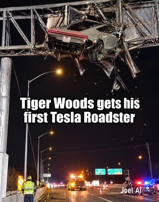 AI Memes, Car Memes, Celebrity Memes, Crash Memes, Dark Humor, Driving Memes, Funniest Memes, Golf Memes, Pop Culture Memes, Road Memes, Sports Memes, Tech Memes, Tesla Roadster, The meme shows a dramatic nighttime highway scene where a sleek, silver, futuristic-looking car is wedged high up in a mangled overhead metal sign structure, with debris hanging down and emergency lights flashing on the road below. A road worker stands near the shoulder, emphasizing the scale and absurdity of the crash.