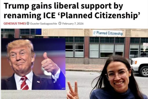Abortion Memes, Anti Democrat Memes, AOC Memes, Conservative Memes, Current Event Memes, Donald Trump Memes, Funniest Memes, Government Memes, Immigration Memes, Liberal vs Conservative Memes, News Memes, Play on Words Memes, Political Memes, The meme is styled like a satirical news article screenshot, with a huge bold headline reading: “Trump gains liberal support by renaming ICE ‘Planned Citizenship.’” Under the headline is a mock news byline from GENESIUS TIMES, credited to Exavier Saskagoochie and dated February 7, 2026.