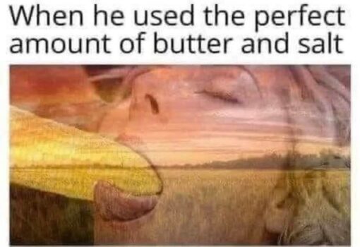 Blowjob Memes, Cooking Memes, Dirty Mind Memes, Double Meaning Memes, Food Memes, Funniest Memes, Horny Memes, Innuendo Memes, Oral Sex Memes, Sex Memes, Snack Memes, A bold caption at the top reads, “When he used the perfect amount of butter and salt.” Beneath it is a surreal, low-resolution image of a woman with her eyes closed in exaggerated bliss while a buttered-looking ear of corn is positioned near her mouth.