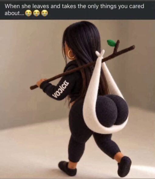 Ball Memes, Breakup Memes, Double Meaning Memes, Funniest Memes, Funny Text Memes, Girlfriend Memes, Men vs Women, Relationship Memes, Sad, Testicle Memes, Toy Memes, The meme shows a small handmade-looking female doll or plush figure walking away, seen from behind, with long dark hair, hoop earrings, black clothing, and tiny black shoes. Slung over her shoulder is a stick with a white bundle tied to it, carrying two round black objects that are positioned like a cartoonish pair of testicles.