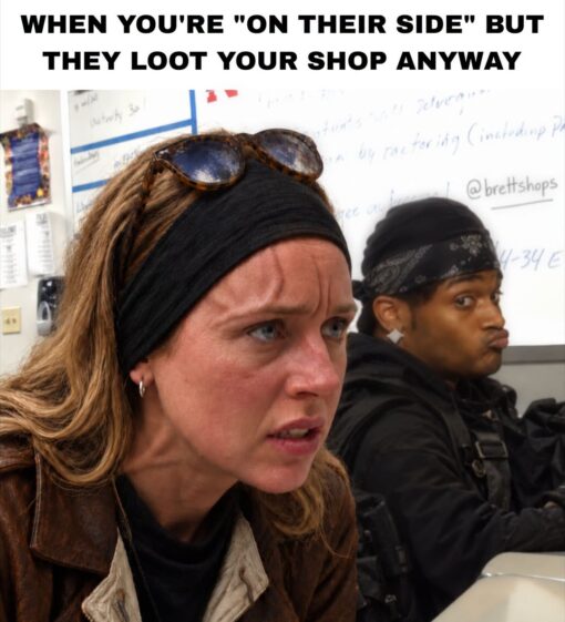 Activist Memes, Bad Day Memes, Frustrated Memes, Funniest Memes, Ironic Memes, Political Memes, Protestor Memes, Stealing Memes, Trust Issues Memes, The meme shows a close-up of a woman leaning forward with a tense, stunned, almost wounded expression, as if she has just heard something she cannot believe. She wears a black headband and sunglasses pushed up on her head, while another person in dark clothing sits behind her making a puckered, unimpressed face toward the camera.