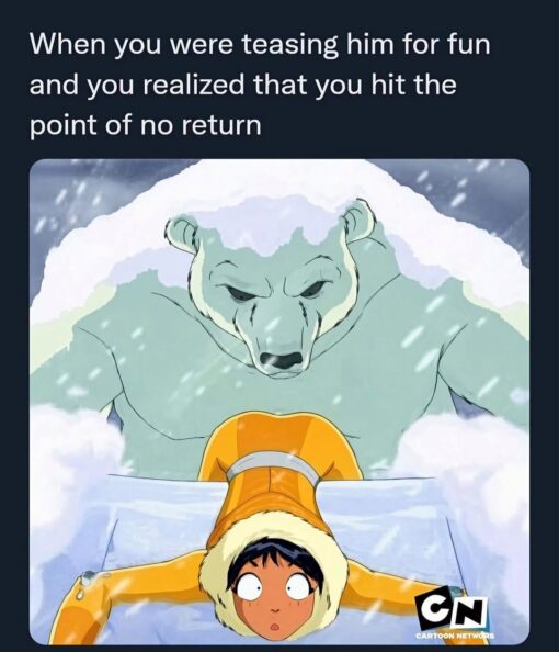 Awkward Memes, Bear Memes, Cartoon Memes, Dirty Mind Memes, Flirting Memes, Freaking Out Memes, Funniest Memes, Horny Memes, Innuendo Memes, NSFW, Regret Memes, Relationship Memes, Sex Memes, The meme shows a snowy animated scene framed like a Cartoon Network still. A young character in a bright orange hooded coat lies or slides face-down across ice, eyes wide open in sudden panic, while a massive pale polar bear looms directly behind them through the blowing snow with a stern, intimidating stare. Above the image, the caption says, “When you were teasing him for fun and you realized that you hit the point of no return,” turning the dramatic chase-like cartoon moment into a reaction image about playful teasing escalating too far.