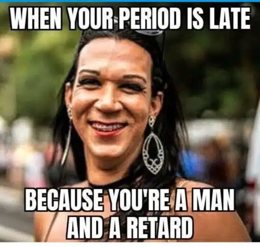 Dark Humor, Funniest Memes, Insult Memes, LGBTQ+ Memes, Men vs Women, Offensive Memes, Period Memes, Retard Memes, Trans Memes, Woke Idiot Memes, The meme uses a close-up outdoor photo of a smiling, feminine-presenting person with long dark hair, makeup, sunglasses on their head, and large dangling earrings. The background is blurred like a street or public event, keeping attention on the face and the bold text.