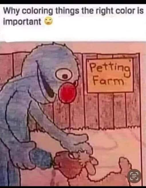 Animal Memes, Art Memes, Dark Humor, Drawing Memes, Funniest Memes, Funny Sign Memes, Pet Memes, Photos Gone Wrong, Pics Gone Wrong, Weird Memes, WTF Memes, The meme shows what looks like a child’s coloring-book page set at a petting farm, complete with a wooden fence and a sign that reads “Petting Farm.” A large blue-gray elephant-like character is reaching down toward a small fluffy farm animal, but the red coloring around the animal and the character’s mouth gives the scene a weirdly alarming look.