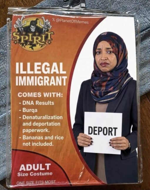 Conservative Memes, Costume Memes, Current Event Memes, Funniest Memes, Halloween Memes, Immigration Memes, Muslim Memes, Offensive Memes, Political Memes, Racist Memes, Right Wing Memes, Stereotype Memes, Twitter Memes, The image is styled like a sealed Spirit Halloween costume package, complete with the orange-and-black branding, a plastic zipper bag, and the familiar “ADULT Size Costume / ONE SIZE FITS MOST” label at the bottom. Instead of a normal Halloween character, the fake costume is titled “ILLEGAL IMMIGRANT” in large white letters. On the right side of the package is a woman in a dark blazer and patterned headscarf holding a paper sign that says “DEPORT.” The text list turns political accusations and stereotypes into “costume accessories,” naming “DNA Results,” a “Burqa,” “Denaturalization and deportation paperwork,” and the joke line “Bananas and rice not included.”