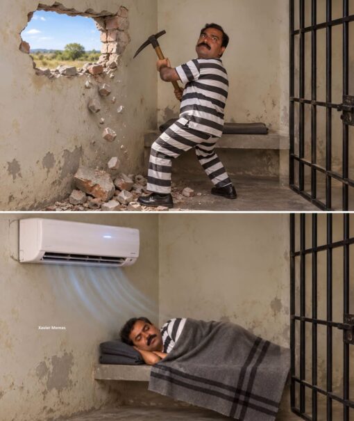 Construction Memes, Convict Memes, Funniest Memes, Ironic Memes, Lazy Memes, Outsmart Em Guy, Poor Decisions Memes, Prison Memes, WTF Memes, A two-panel meme shows a prisoner in a striped black-and-white uniform inside a grimy jail cell. In the top panel, he has smashed a rough hole through the wall with a pickaxe, revealing open sky and freedom outside, while jail bars stand on the right.