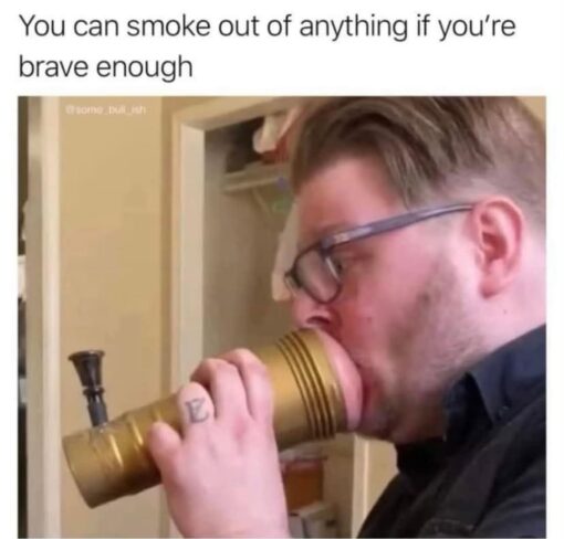 420 Memes, Dare Memes, Drugs Memes, Funniest Memes, High Memes, Poor Decisions Memes, Smoking Memes, Stoner Memes, Weed Memes, Weird Memes, WTF Memes, A man wearing glasses is pictured indoors, holding a large gold-colored cylindrical object to his mouth like a homemade smoking device. A small black bowl-like piece appears attached near one end, making the object resemble an improvised pipe or bong, even though it looks more like a random household or decorative item than actual smoking gear. Above the image, the caption reads: “You can smoke out of anything if you're brave enough,” followed by the handle “@sana_bull_fsh.” The plain text-and-photo layout gives it the feel of a casually reposted internet joke about extreme improvisation.