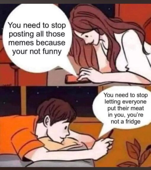 Dirty Text Memes, Double Meaning Memes, Funniest Memes, Innuendo Memes, Insult Memes, Mean Memes, Memes About Memes, NSFW, Offensive Memes, Roast Memes, Savage Memes, Sex Memes, Social Media Memes, A two-panel illustrated meme shows a girl and a boy texting each other from separate rooms at night, each leaning over a phone with speech bubbles above them. The warm orange and dark blue bedroom colors give it the look of a casual late-night argument carried out over messages. The first bubble has the girl criticizing someone’s meme-posting with “You need to stop posting all those memes because your not funny.” The second bubble shows the boy firing back with a much harsher, sexual insult: “You need to stop letting everyone put their meat in you, you're not a fridge.”
